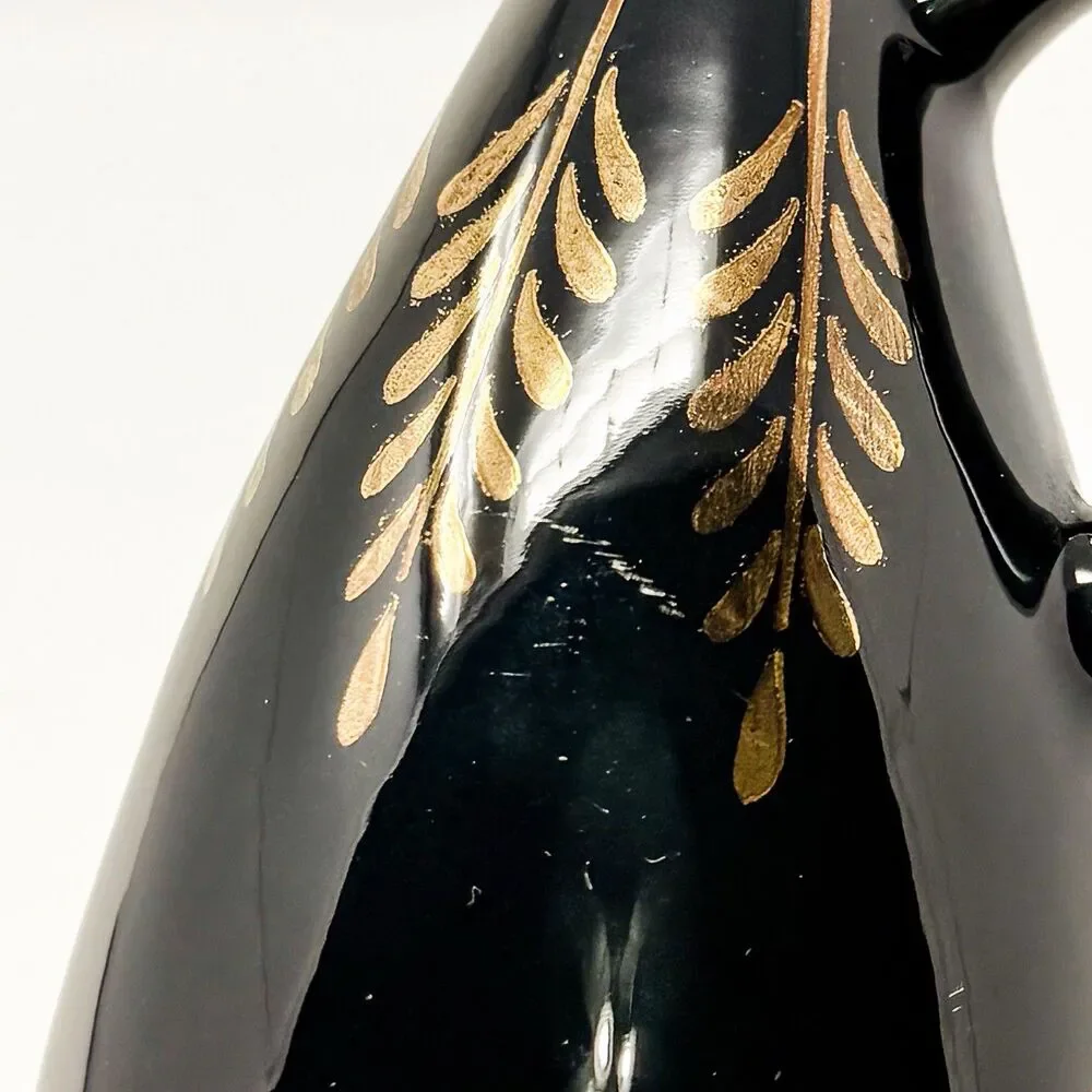Vintage Black Pottery Pitcher 22K Gold Hand Decorated Cobbs Florida USA 6”